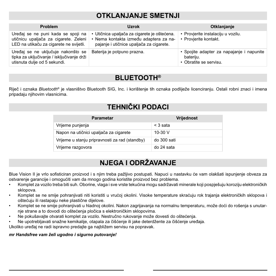 Otklanjanje smetnji, Bluetooth, Tehnički podaci | Njega i održavanje | Mr Handsfree Blue Vision II User Manual | Page 84 / 95