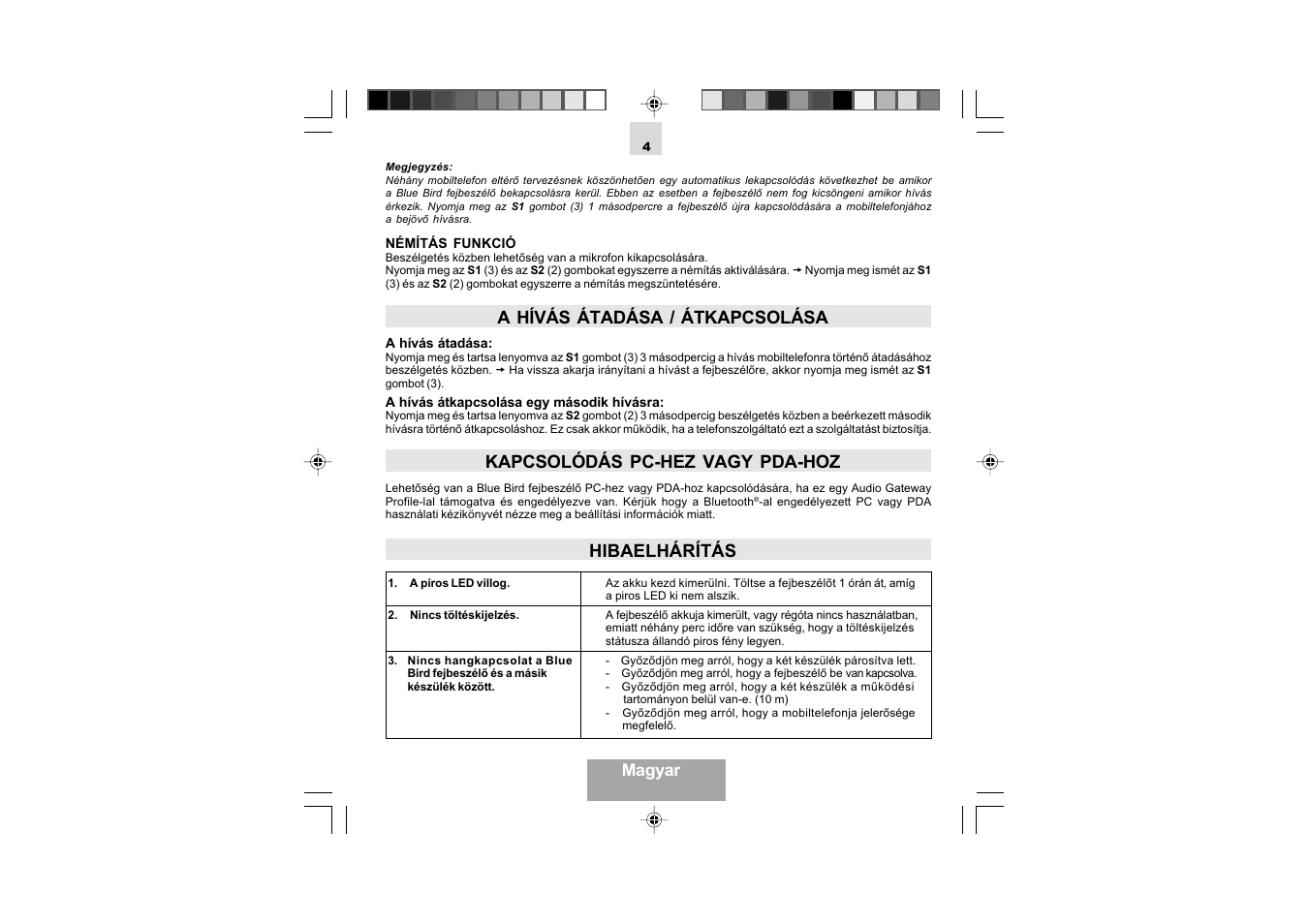 A hívás átadása / átkapcsolása, Kapcsolódás pc-hez vagy pda-hoz, Hibaelhárítás | Magyar | Mr Handsfree Blue Bird User Manual | Page 54 / 91