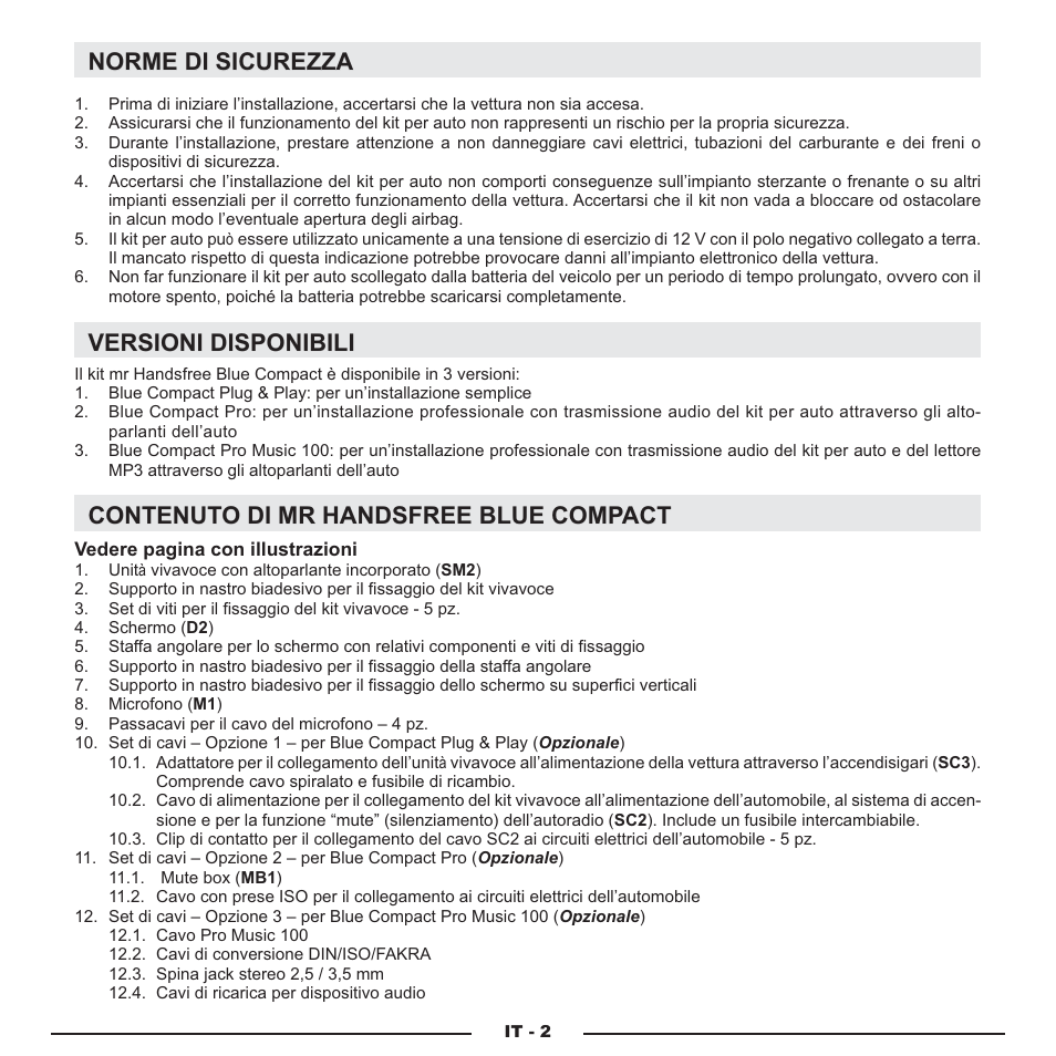 Norme di sicurezza, Versioni disponibili, Contenuto di mr handsfree blue compact | Mr Handsfree Blue Compact Microphone User Manual | Page 111 / 291