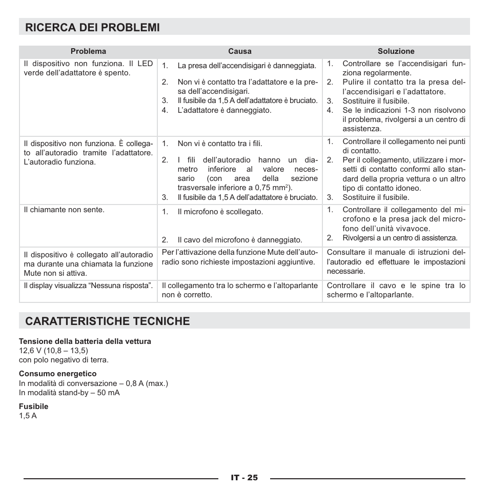 Ricerca dei problemi, Caratteristiche tecniche | Mr Handsfree Blue Compact Microphone User Manual | Page 134 / 291