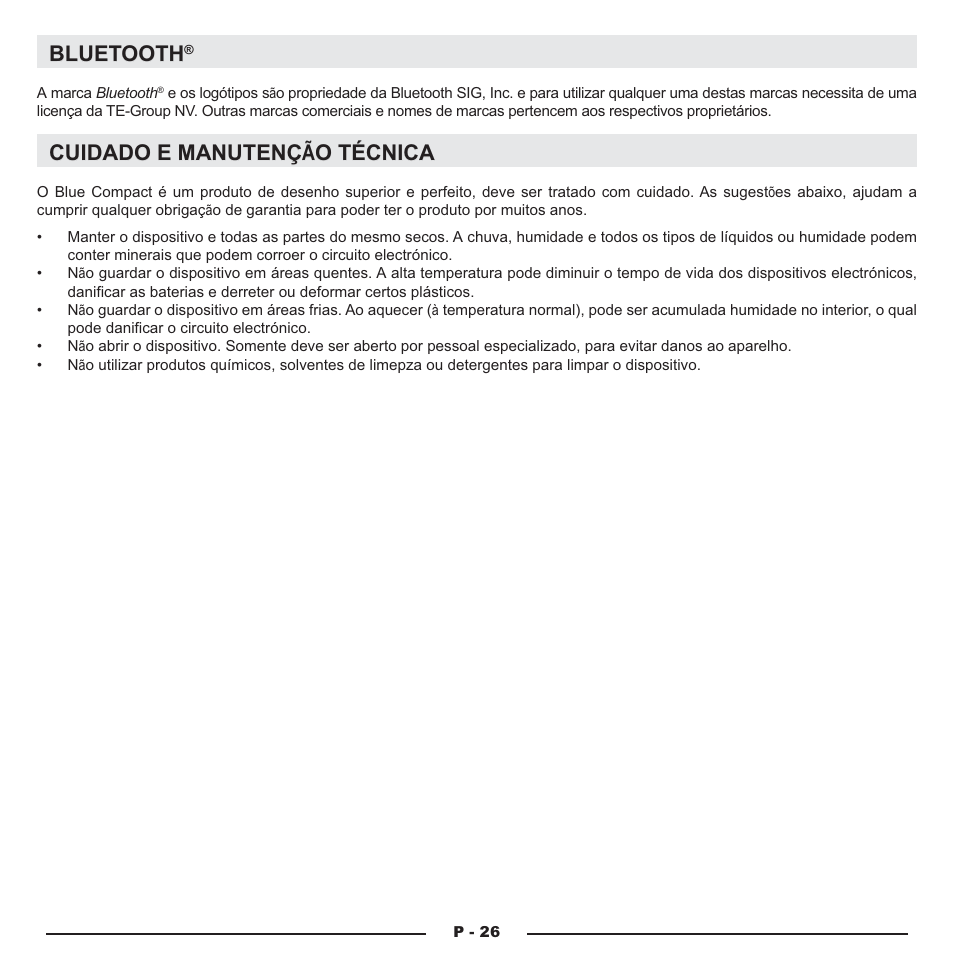 Bluetooth, Cuidado e manutenç, Cuidado e manutenç ãão técnica o técnica | Mr Handsfree Blue Compact Microphone User Manual | Page 187 / 291