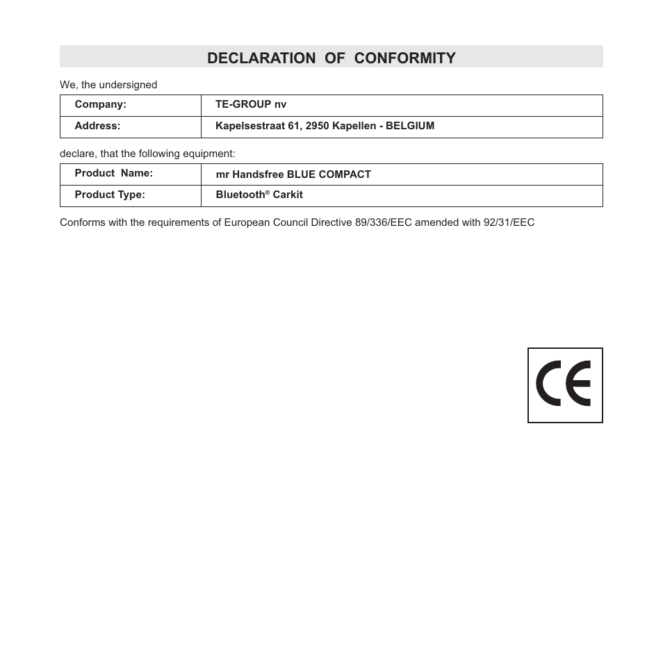 Declaration of conformity | Mr Handsfree Blue Compact Microphone User Manual | Page 2 / 291