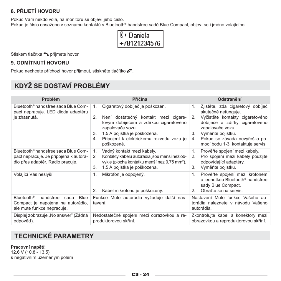 Když se dostaví problémy, Technické parametry | Mr Handsfree Blue Compact Microphone User Manual | Page 262 / 291