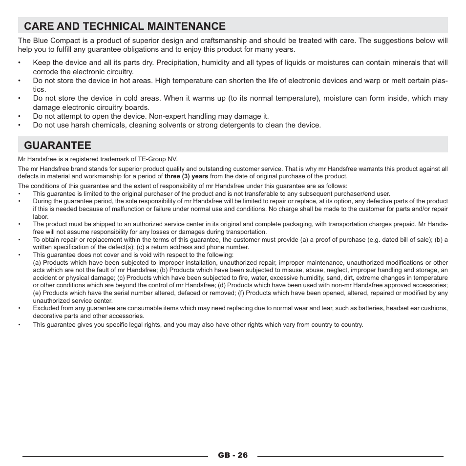 Care and technical maintenance, Guarantee | Mr Handsfree Blue Compact Microphone User Manual | Page 29 / 291