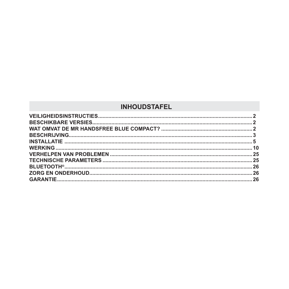 Inhoudstafel | Mr Handsfree Blue Compact Microphone User Manual | Page 30 / 291