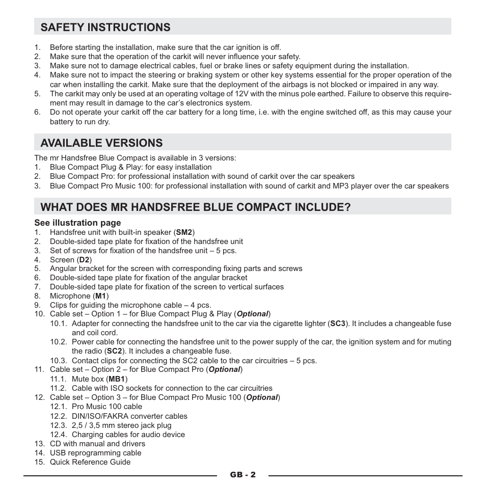 Safety instructions, Available versions, What does mr handsfree blue compact include | Mr Handsfree Blue Compact Microphone User Manual | Page 5 / 291