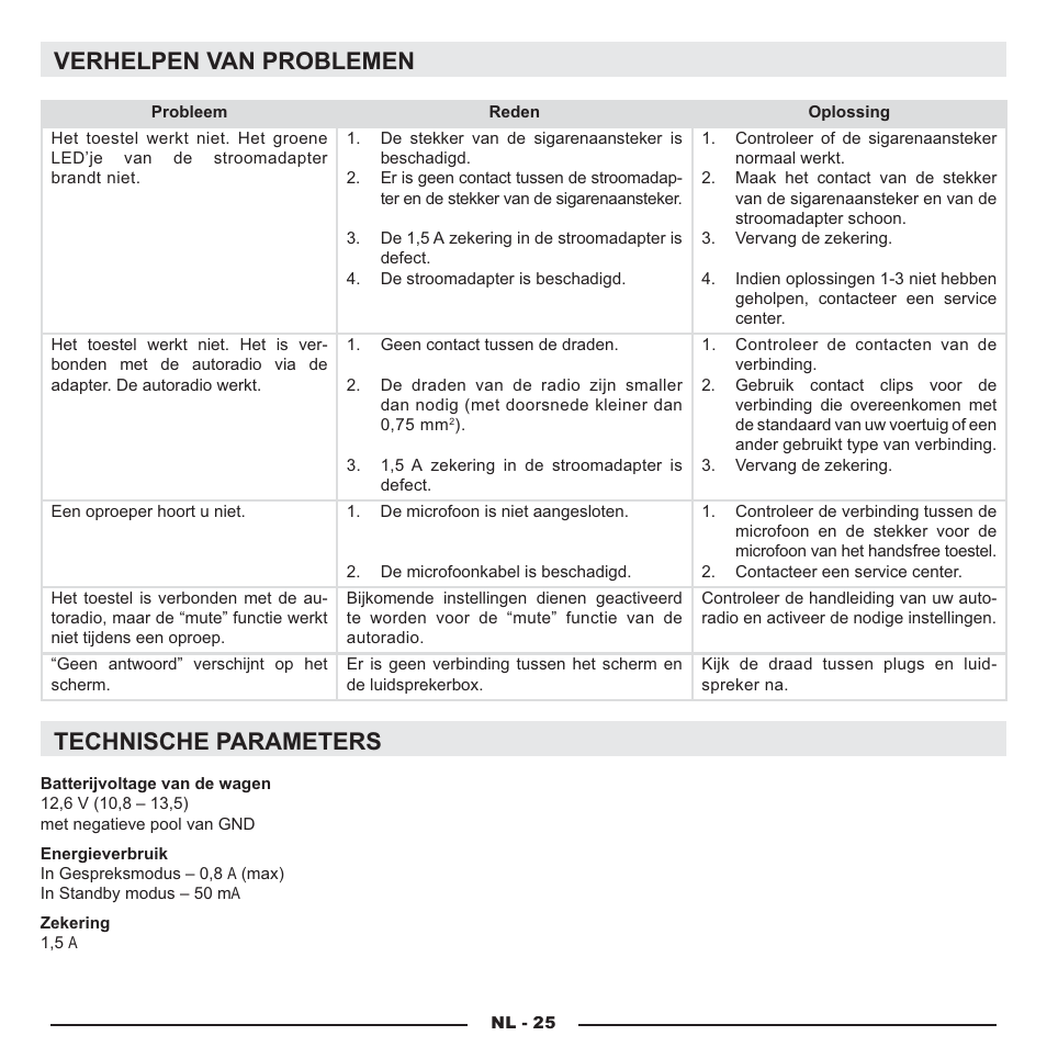 Verhelpen van problemen, Technische parameters | Mr Handsfree Blue Compact Microphone User Manual | Page 54 / 291