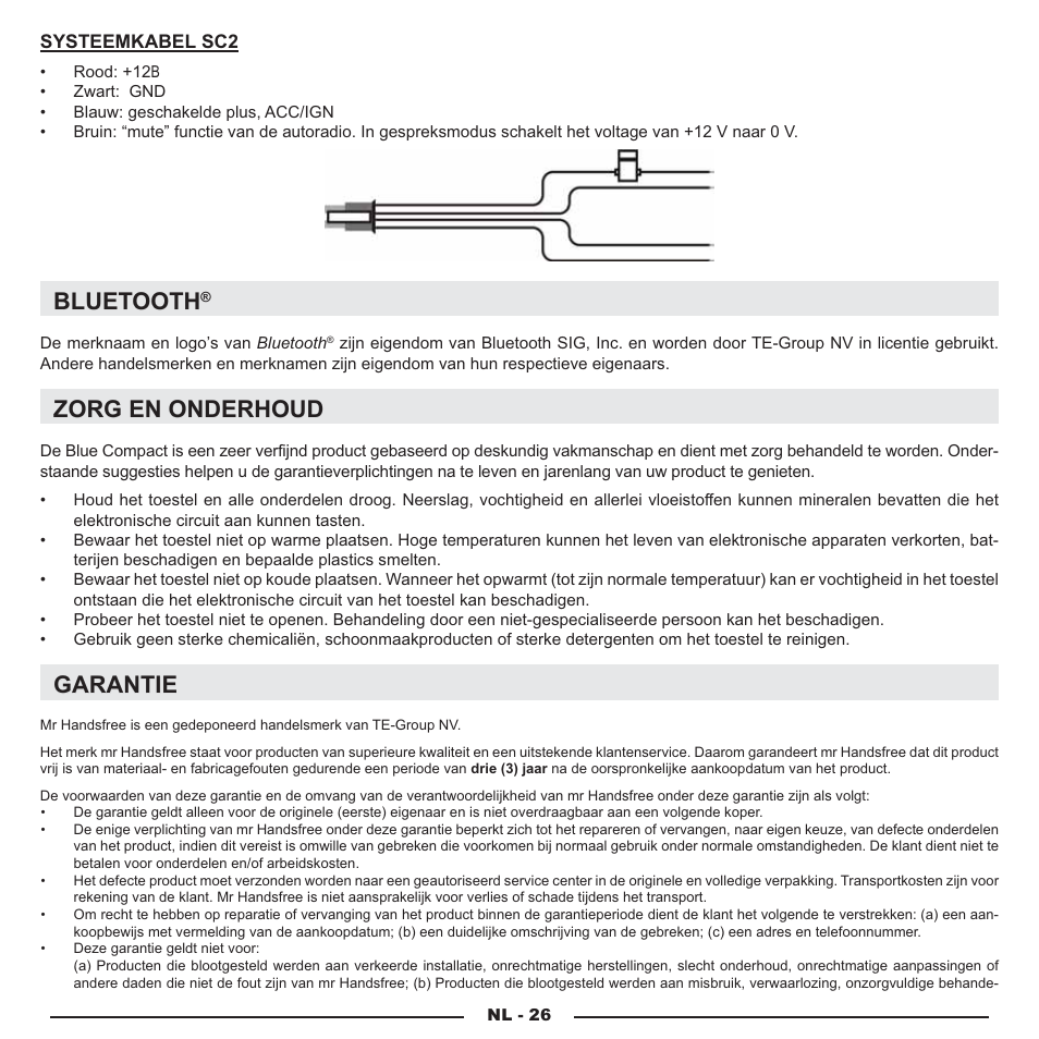 Bluetooth, Zorg en onderhoud, Garantie | Mr Handsfree Blue Compact Microphone User Manual | Page 55 / 291