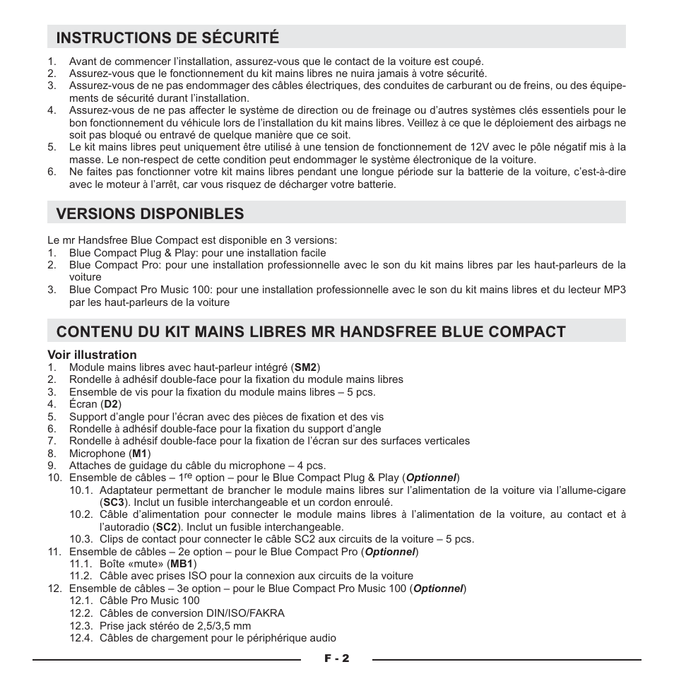 Instructions de sécurité, Versions disponibles | Mr Handsfree Blue Compact Microphone User Manual | Page 58 / 291