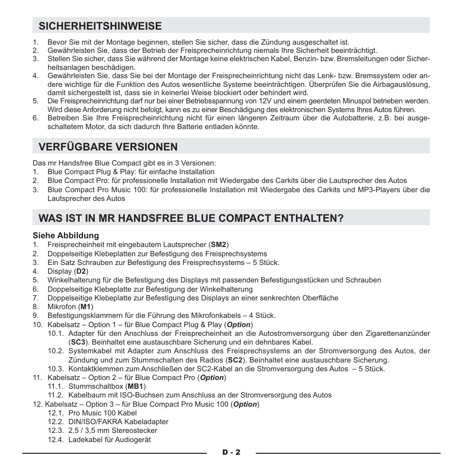 Sicherheitshinweise, Verfügbare versionen, Was ist in mr handsfree blue compact enthalten | Mr Handsfree Blue Compact Microphone User Manual | Page 85 / 291