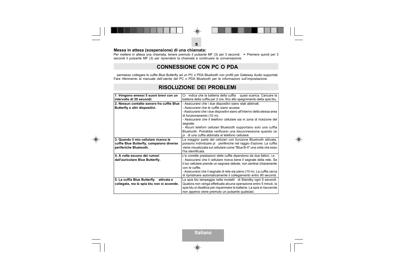 Connessione con pc o pda, Risoluzione dei problemi, Italiano | Mr Handsfree Blue Butterfly II User Manual | Page 27 / 61