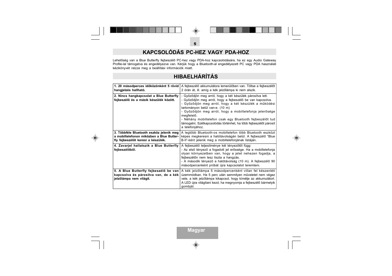 Kapcsolódás pc-hez vagy pda-hoz, Hibaelhárítás, Magyar | Mr Handsfree Blue Butterfly II User Manual | Page 55 / 61