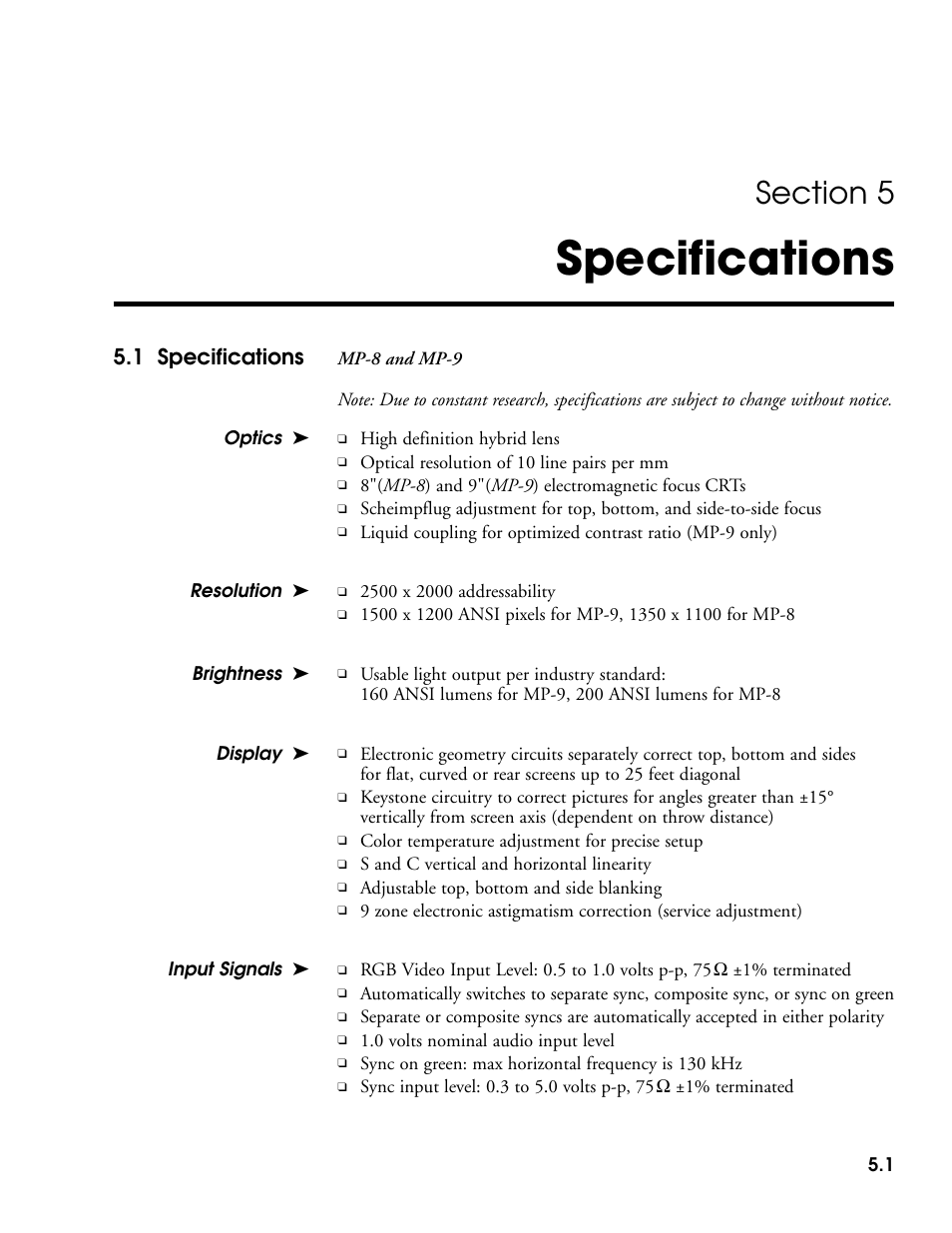 Specifications, 1 specifications | Madrigal Imaging MP-9 User Manual | Page 105 / 138