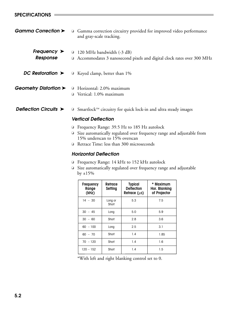 Gamma correction, 120 mhz bandwidth (-3 db), Keyed clamp, better than 1% geometry distortion | Horizontal: 2.0% maximum, Vertical: 1.0% maximum deflection circuits, Smartlock, Specifications 5.2 | Madrigal Imaging MP-9 User Manual | Page 106 / 138