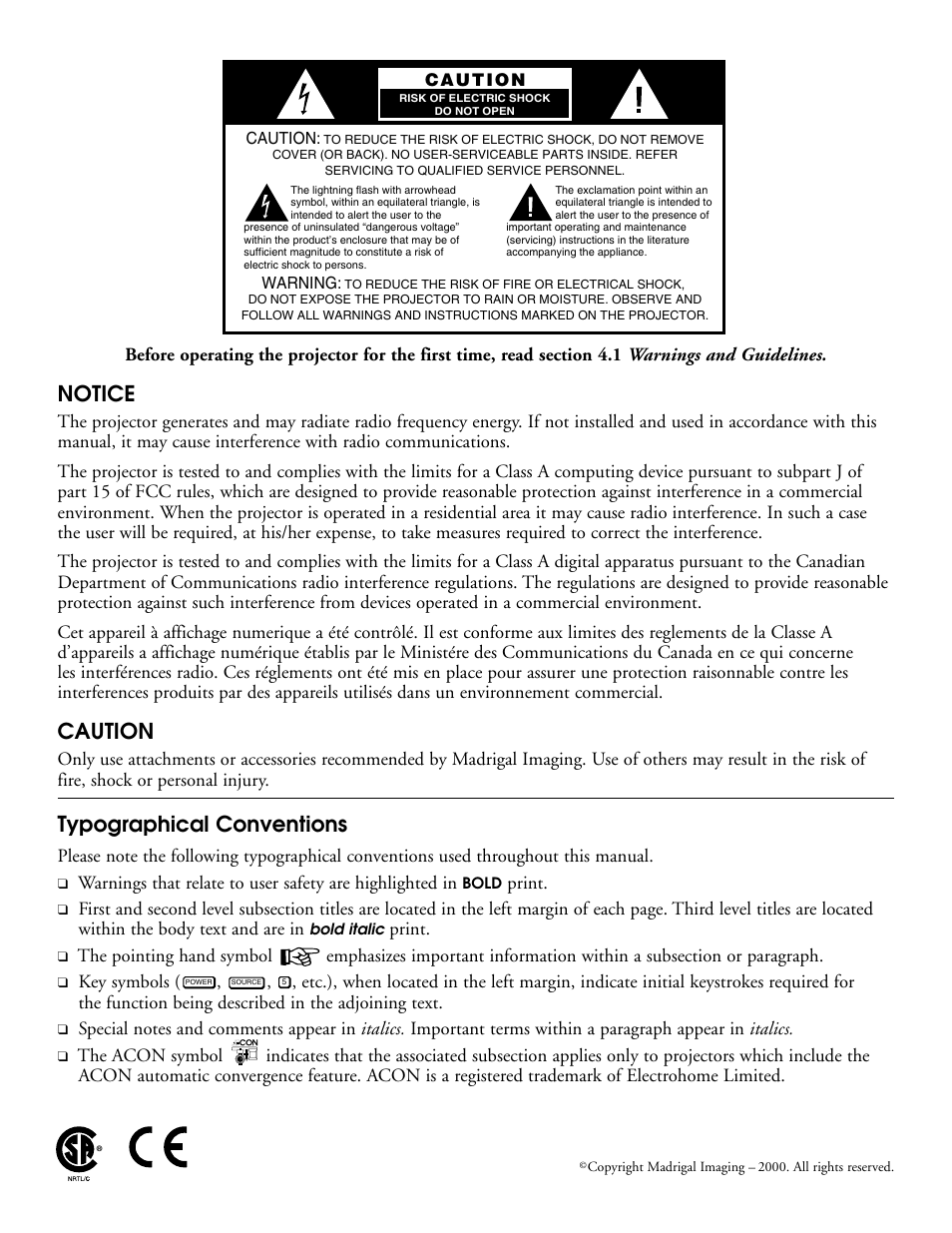 Notice, Caution, Typographical conventions | Madrigal Imaging MP-9 User Manual | Page 2 / 138