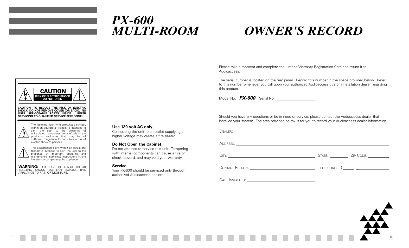 Owner's record, Multi-room px-600, Caution | Madrigal Imaging PX-600 User Manual | Page 2 / 6