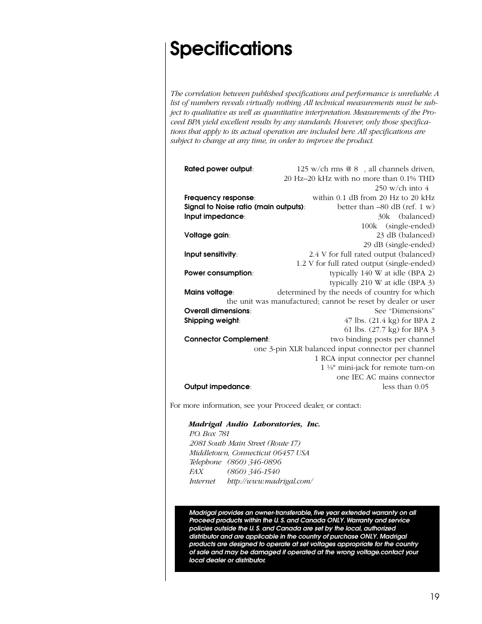 Specifications | Madrigal Imaging BPA 3 User Manual | Page 19 / 22