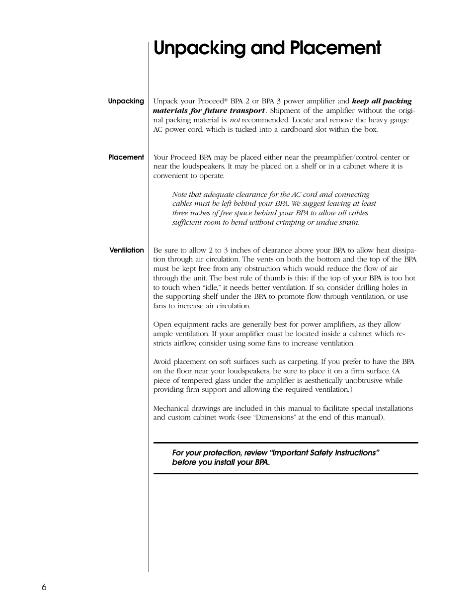 Unpacking and placement | Madrigal Imaging BPA 3 User Manual | Page 6 / 22