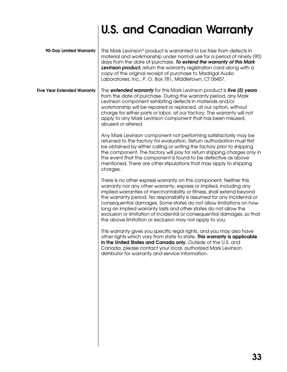 U.s. and canadian warranty | Madrigal Imaging N38 User Manual | Page 33 / 38