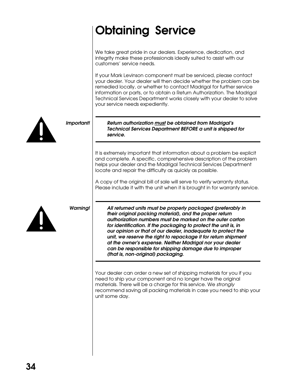 Obtaining service | Madrigal Imaging N38 User Manual | Page 34 / 38