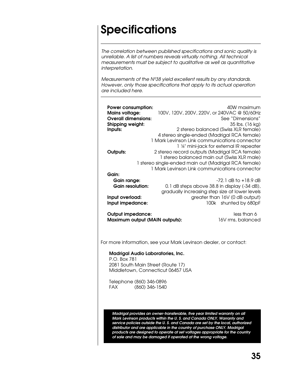 Specifications | Madrigal Imaging N38 User Manual | Page 35 / 38