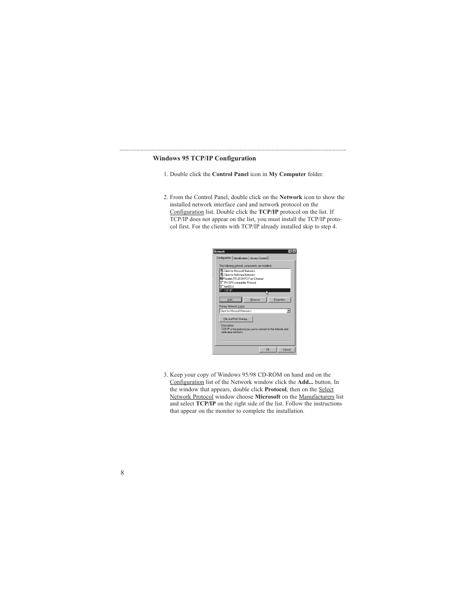 Windows 95 tcp/ip configuration | Macsense Connectivity MIH-108 User Manual | Page 11 / 39