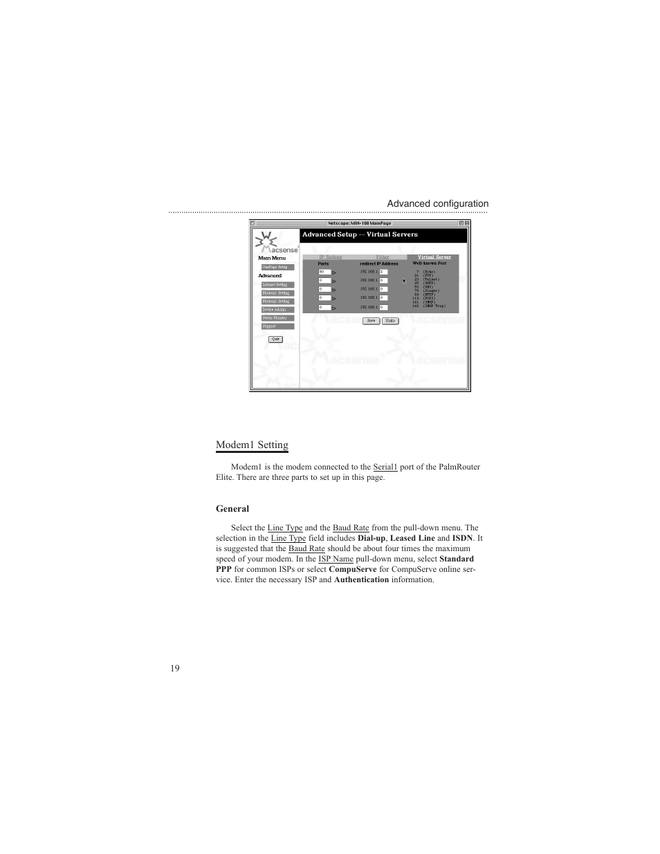 Modem1 setting, General | Macsense Connectivity MIH-108 User Manual | Page 22 / 39