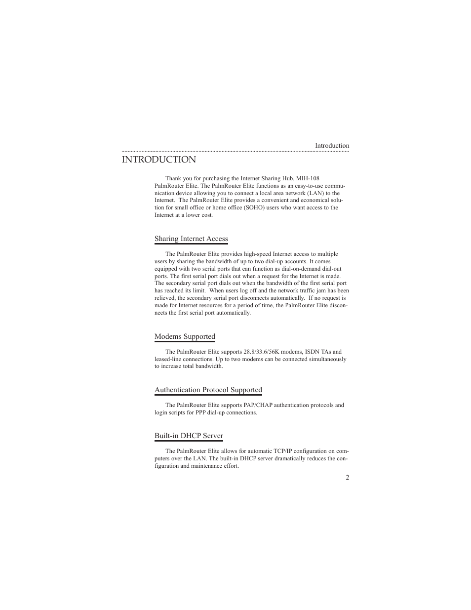 Introduction, Sharing internet access, Modems supported | Authentication protocol supported, Built-in dhcp server | Macsense Connectivity MIH-108 User Manual | Page 5 / 39