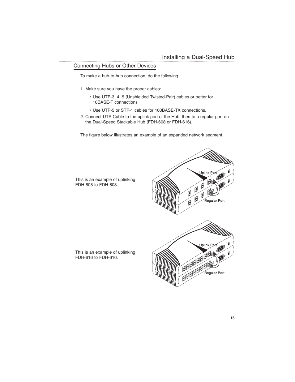 Connecting hubs or other devices, Installing a dual-speed hub | Macsense Connectivity FDH-608/616 User Manual | Page 17 / 27