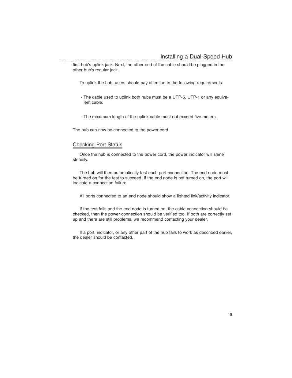 Checking port status, Installing a dual-speed hub | Macsense Connectivity FDH-608/616 User Manual | Page 21 / 27