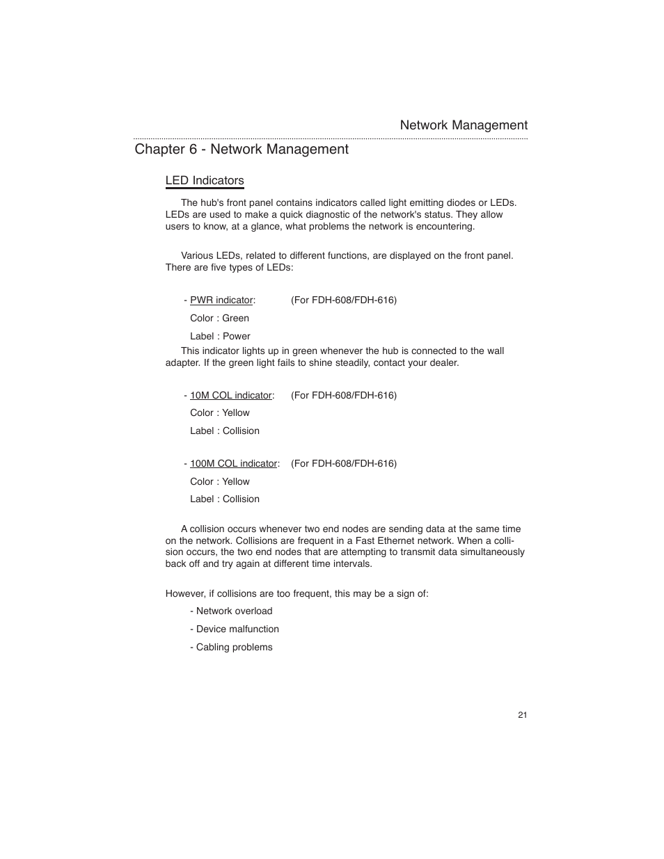 Chapter 6 - network management, Led indicators, Network management | Macsense Connectivity FDH-608/616 User Manual | Page 22 / 27