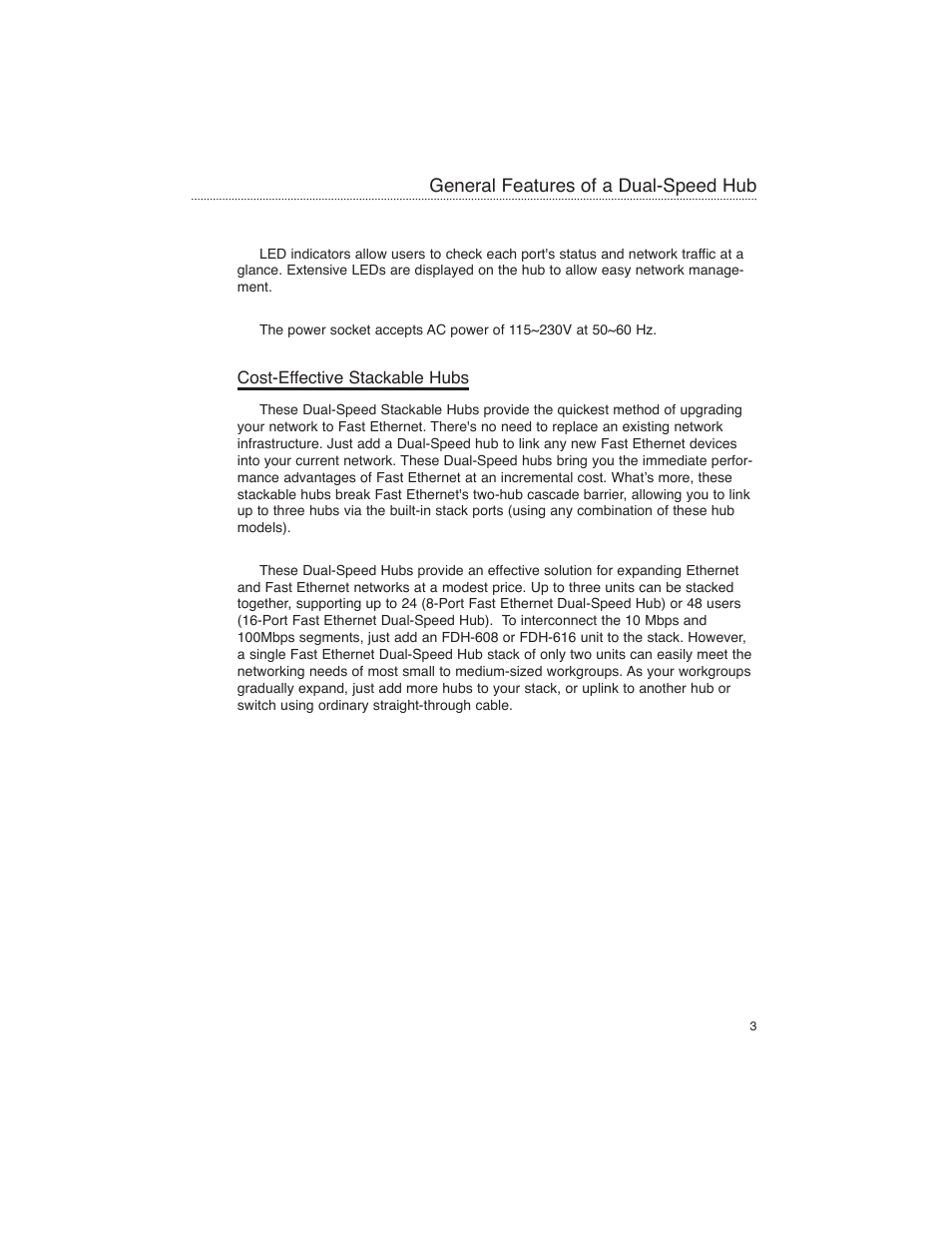 Cost-effective stackable hubs, General features of a dual-speed hub | Macsense Connectivity FDH-608/616 User Manual | Page 7 / 27