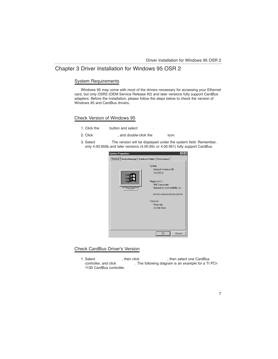 Chapter 3 driver installation for windows 95 osr 2, System requirements, Check version of windows 95 | Check cardbus driver's version | Macsense Connectivity MPC-200 User Manual | Page 10 / 43