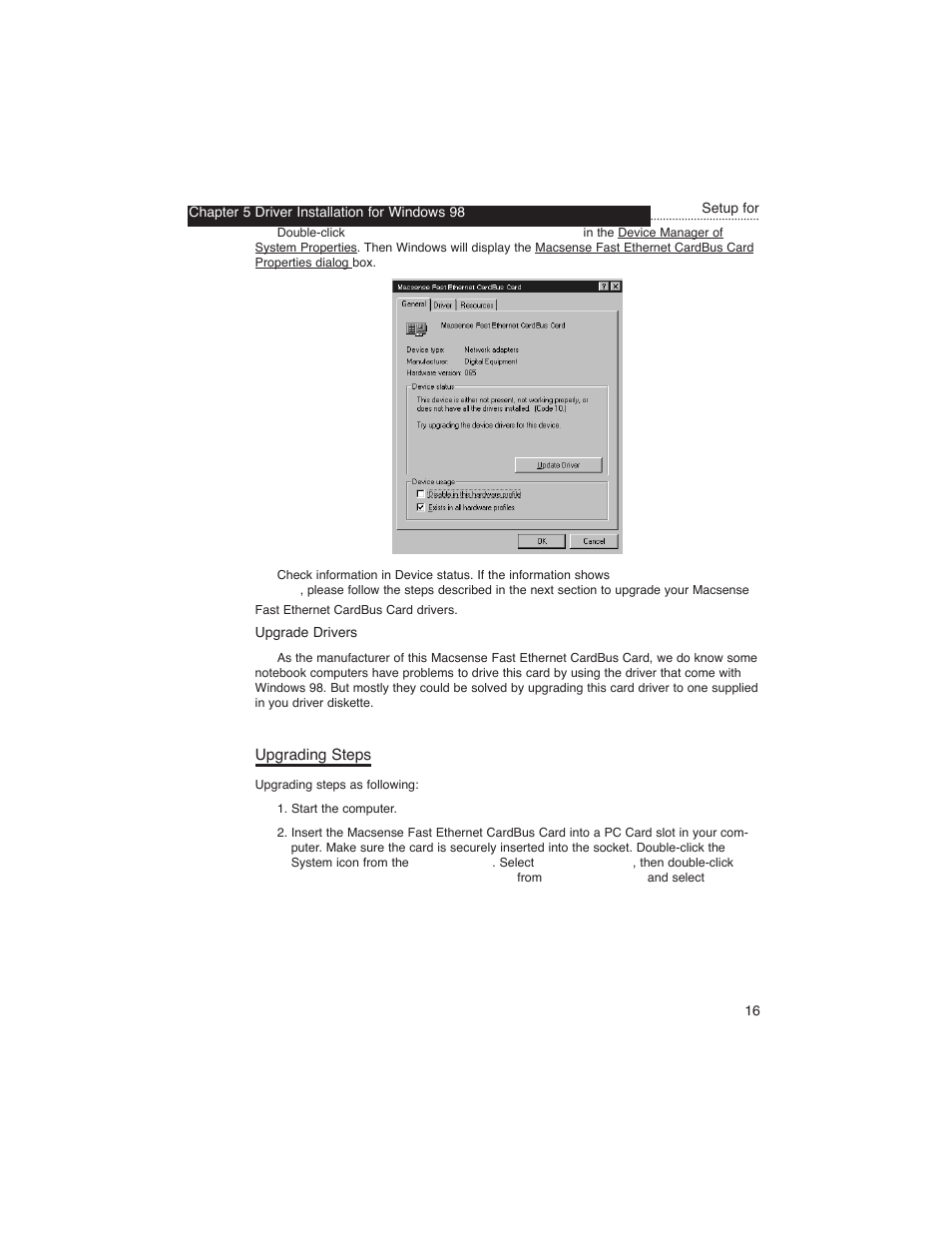 Chapter 5 driver installation for windows 98, Upgrading steps | Macsense Connectivity MPC-200 User Manual | Page 18 / 43