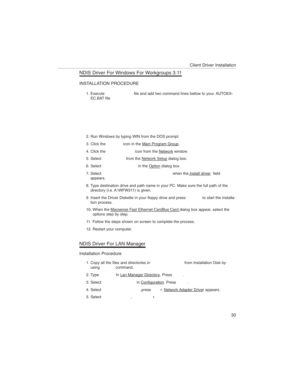 Ndis driver for windows for workgroups 3.11, Ndis driver for lan manager | Macsense Connectivity MPC-200 User Manual | Page 31 / 43