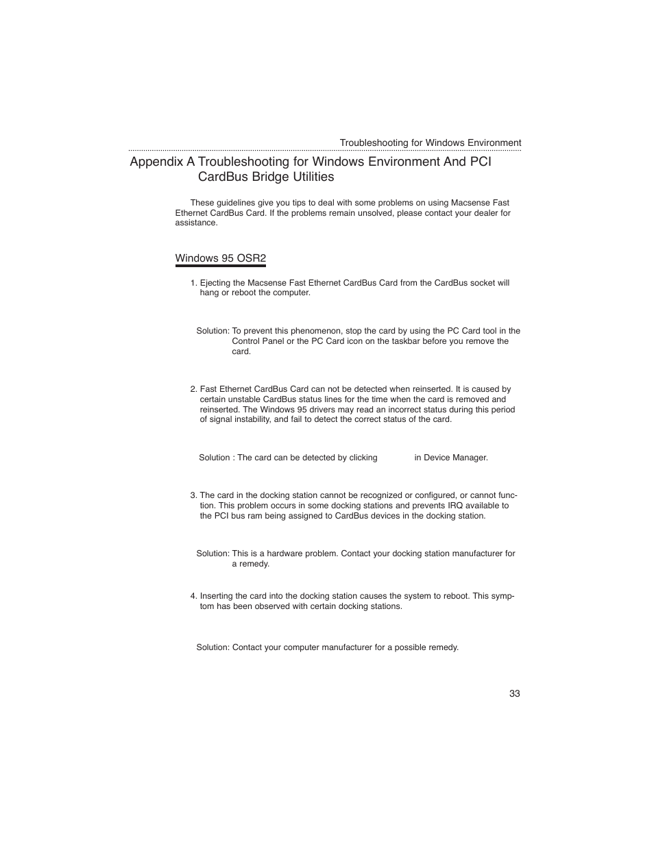 Appendix a, Windows 95 osr2 | Macsense Connectivity MPC-200 User Manual | Page 33 / 43