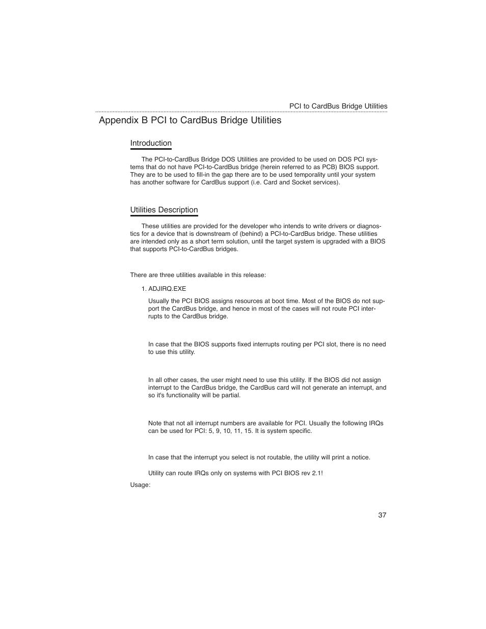 Appendix b, Introduction, Utilities description | Appendix b pci to cardbus bridge utilities | Macsense Connectivity MPC-200 User Manual | Page 36 / 43