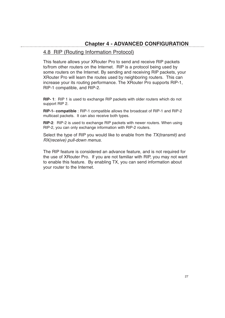 8 rip (routing information protocol), Chapter 4 - advanced configuration | Macsense Connectivity XRouter Pro User Manual | Page 32 / 46