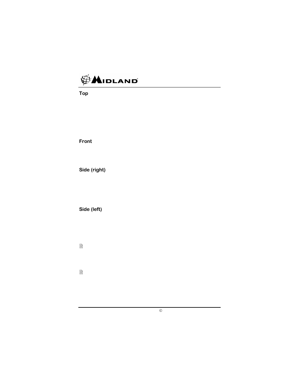 Front, Side (right), Side (left) | Midland Radio SP-410 User Manual | Page 10 / 36