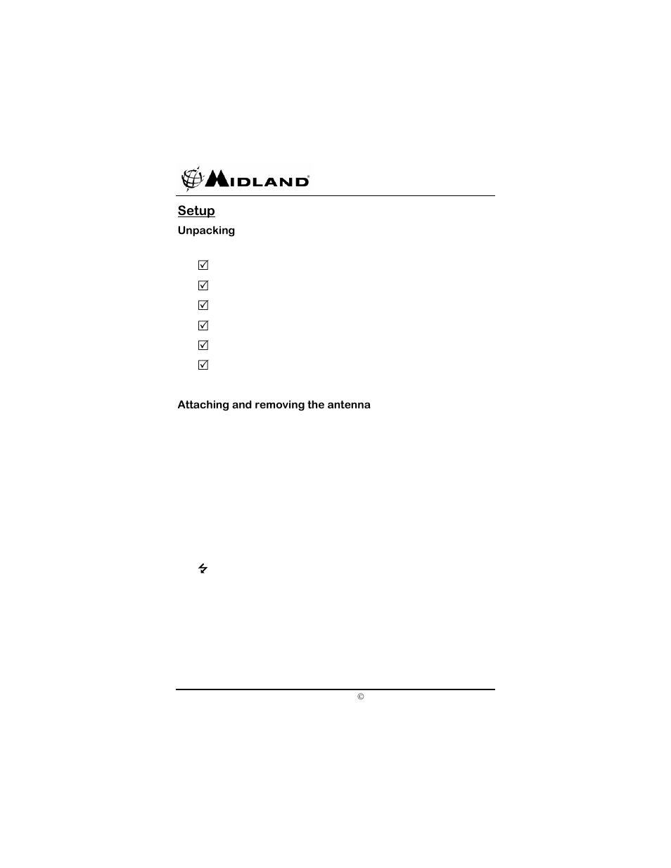 Setup, Unpacking, Attaching and removing the antenna | Midland Radio SP-410 User Manual | Page 12 / 36