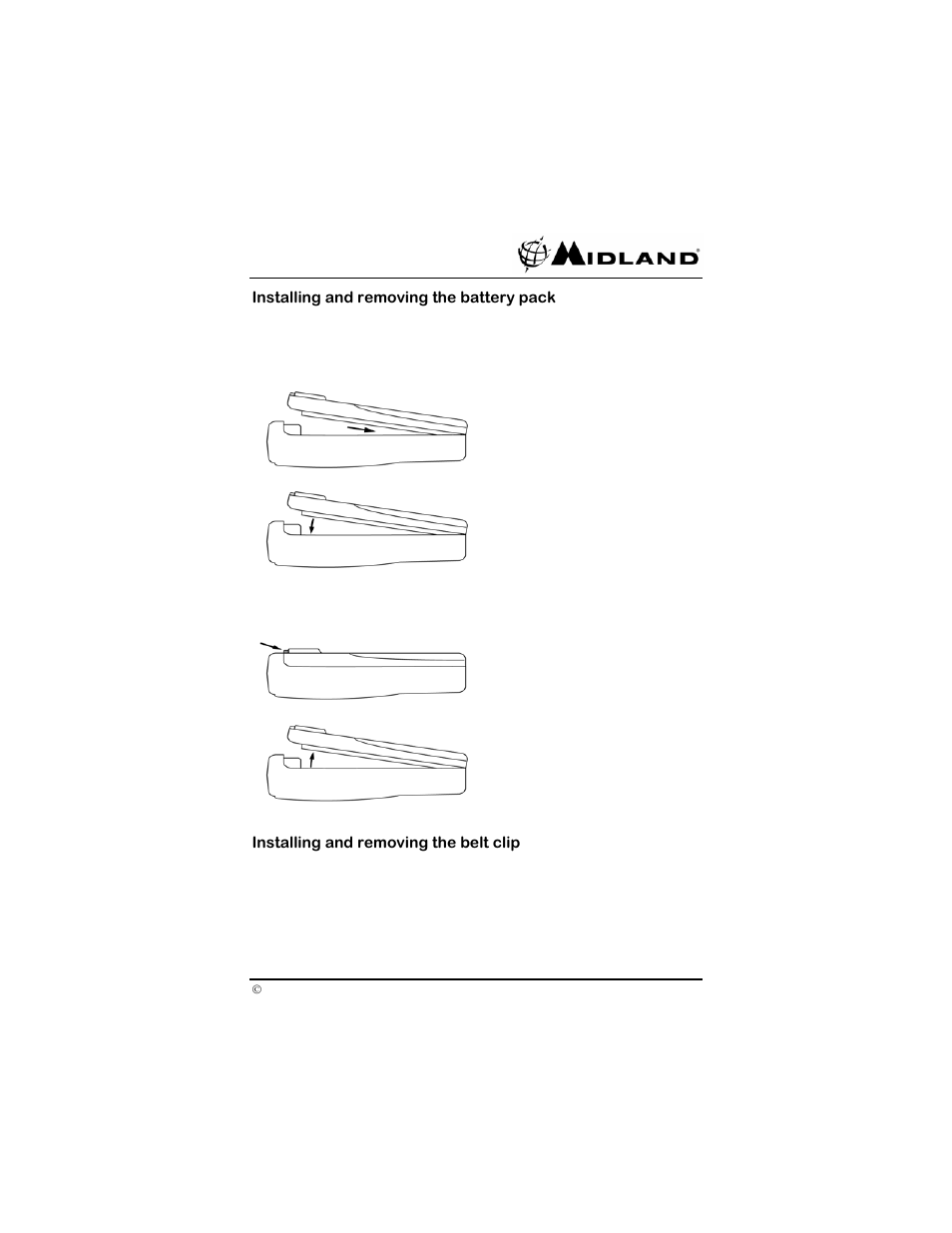 Installing and removing the battery pack, Installing and removing the belt clip | Midland Radio SP-410 User Manual | Page 13 / 36