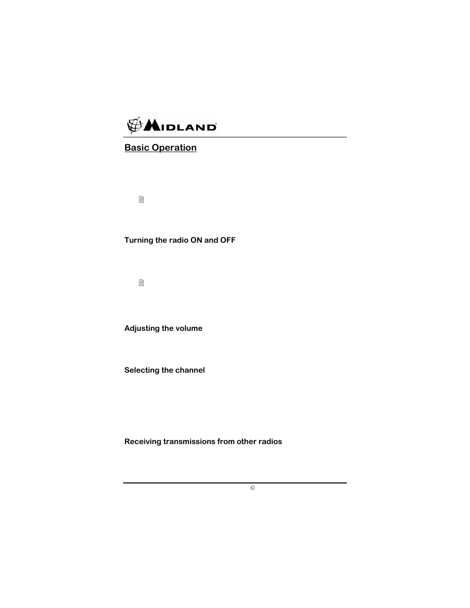 Basic operation, Turning the radio on and off, Adjusting the volume | Selecting the channel, Receiving transmissions from other radios | Midland Radio SP-410 User Manual | Page 16 / 36