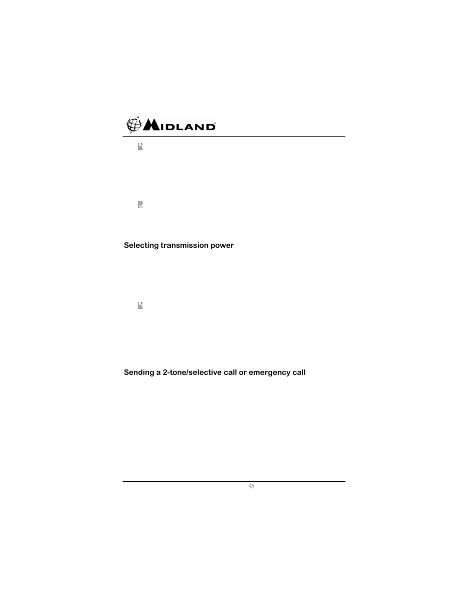 Selecting transmission power, Sending a 2-tone/selective call or emergency call | Midland Radio SP-410 User Manual | Page 20 / 36
