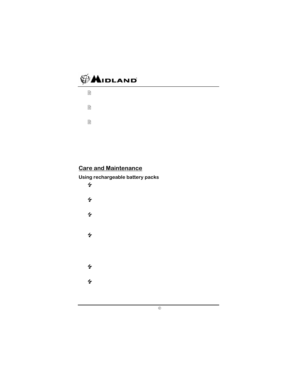 Care and maintenance, Using rechargeable battery packs | Midland Radio SP-410 User Manual | Page 26 / 36