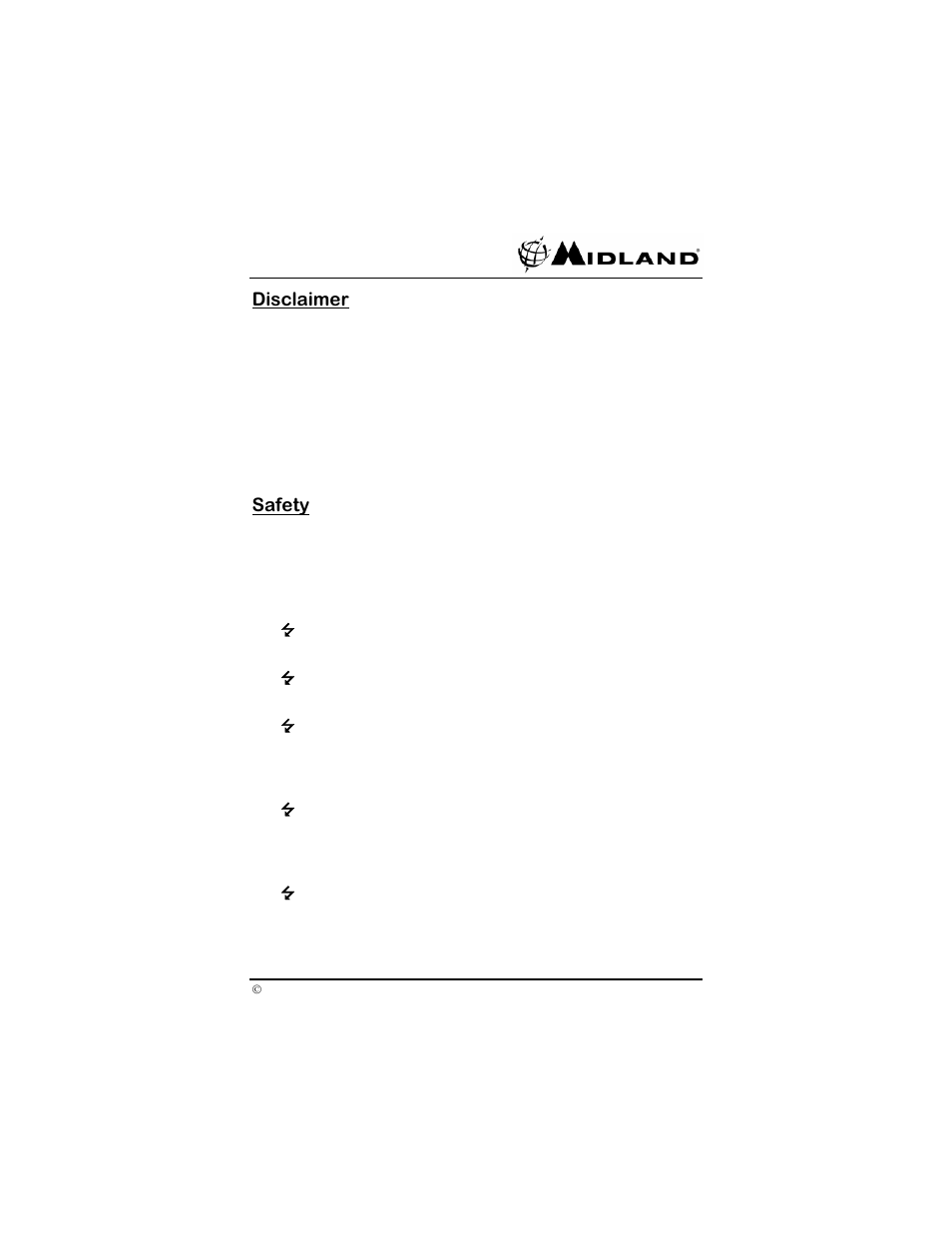 Disclaimer, Safety | Midland Radio SP-410 User Manual | Page 5 / 36