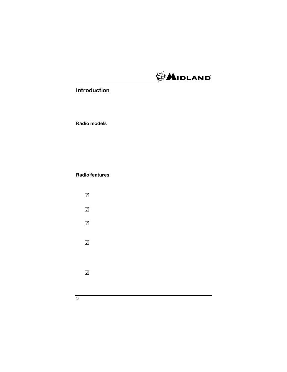Introduction, Radio models, Radio features | Midland Radio SP-410 User Manual | Page 7 / 36