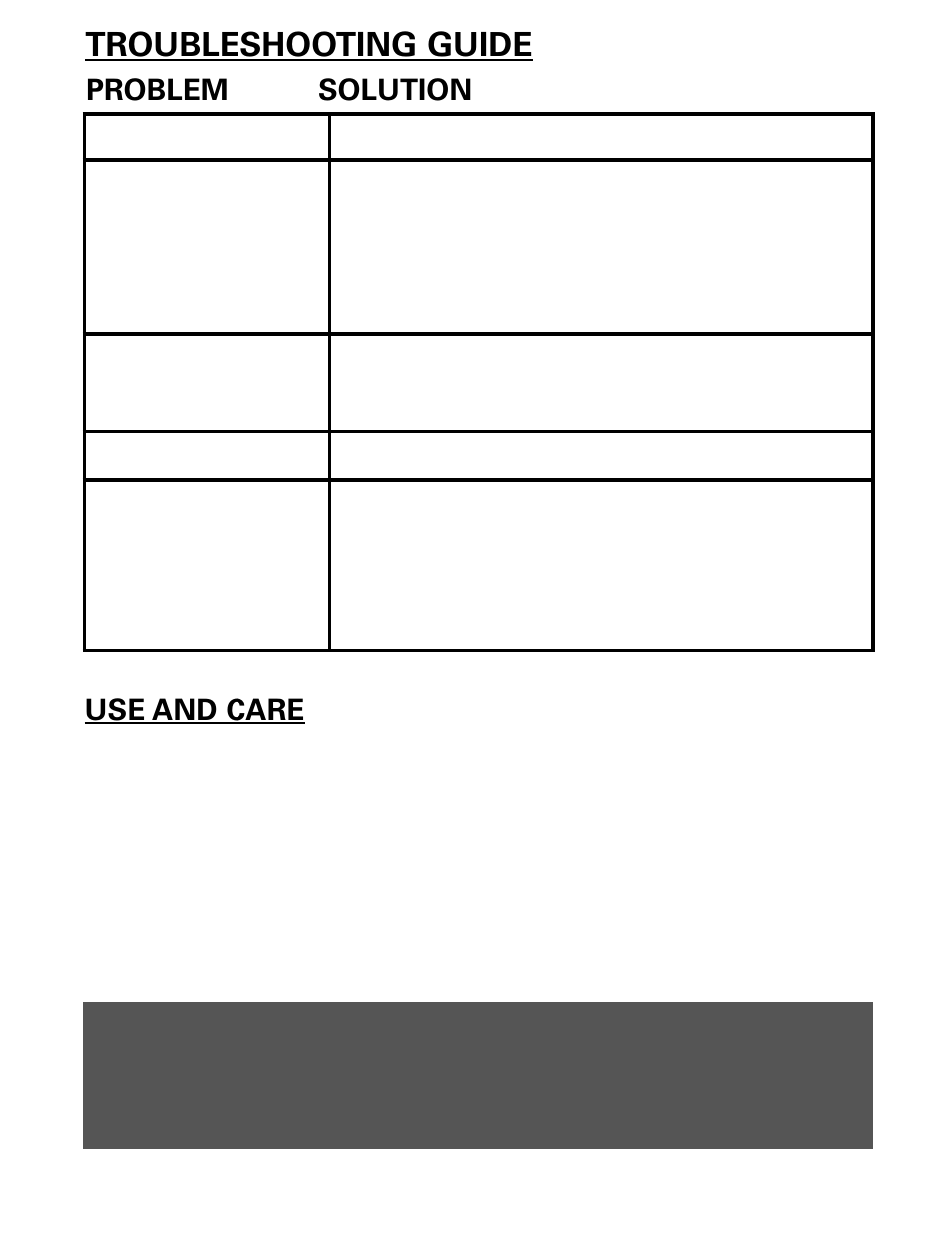 Troubleshooting guide, Problem solution, Use and care | MIDLAND LXT360/365 User Manual | Page 10 / 16