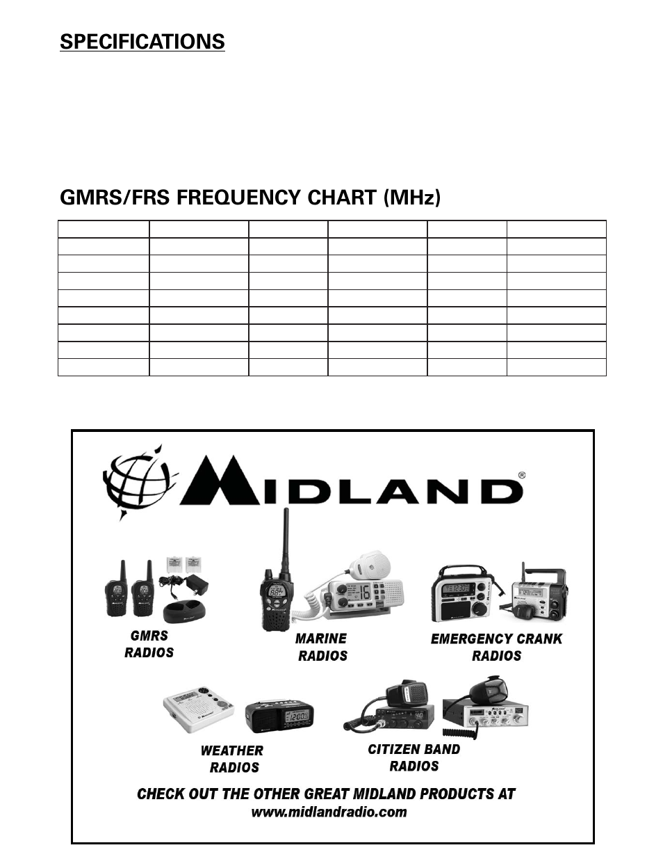 Specifications, Gmrs/frs frequency chart (mhz) | MIDLAND LXT360/365 User Manual | Page 11 / 16