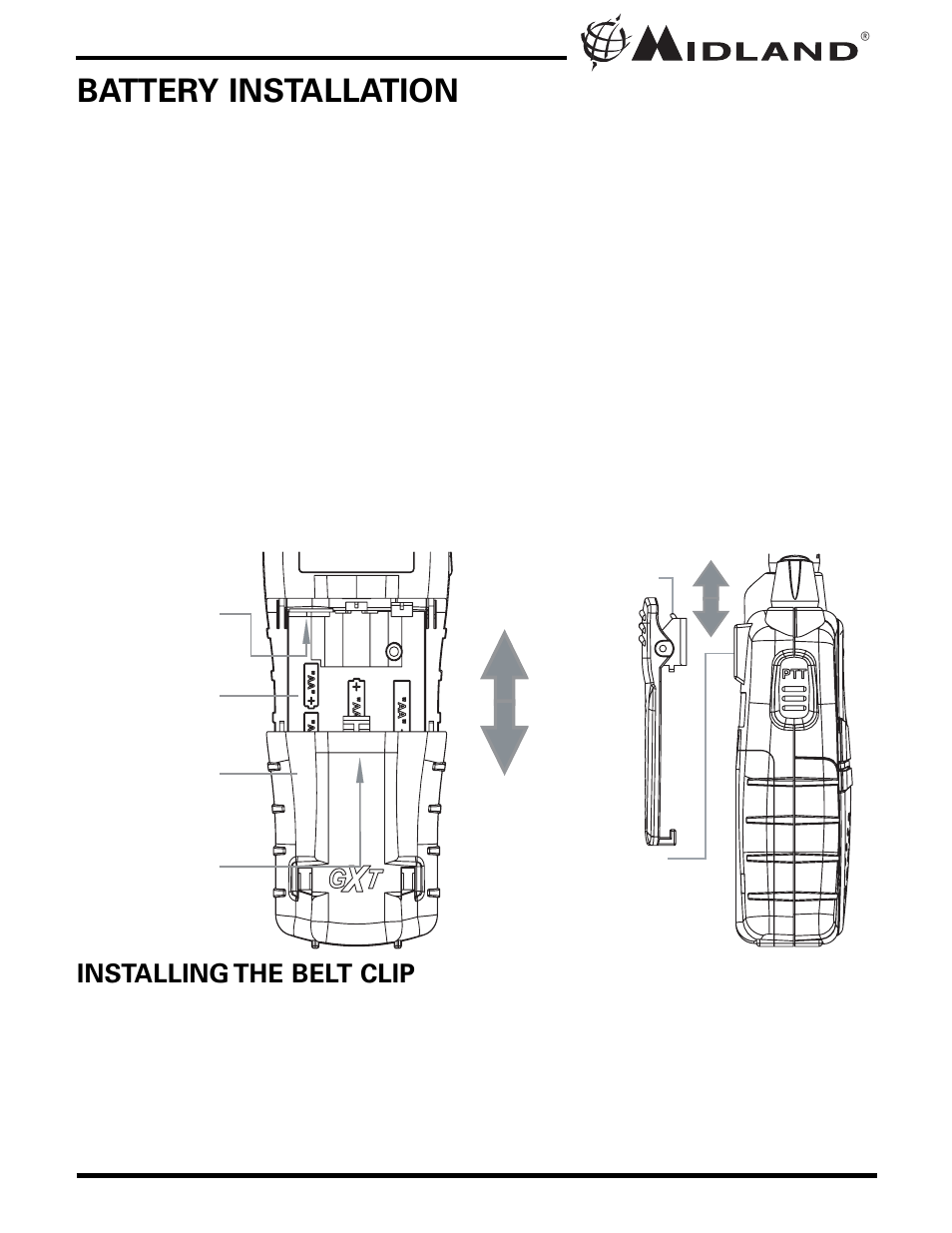 Battery installation | MIDLAND GXT500/550/565 User Manual | Page 6 / 20