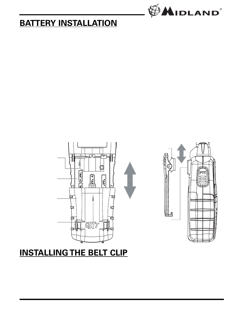 Battery installation, Installing the belt clip | MIDLAND GXT720/775 User Manual | Page 7 / 24